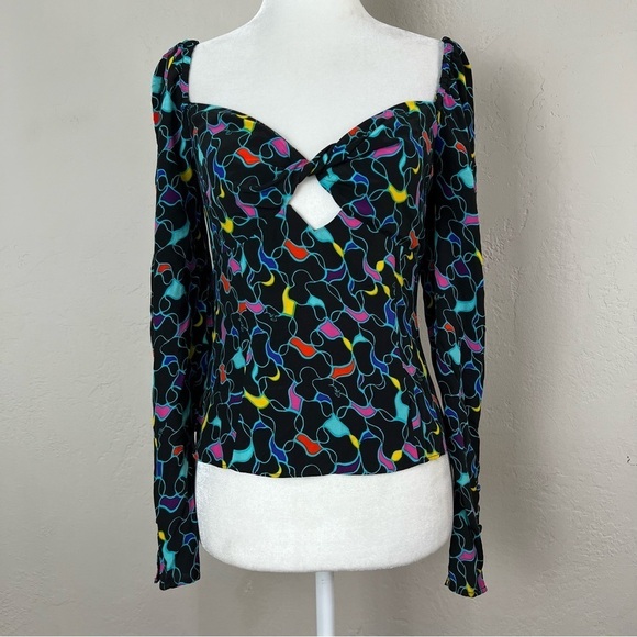 Staud Josephine Black Printed Multicolor Crepe Long Sleeve Sweetheart Top Size 6 - Picture 1 of 13